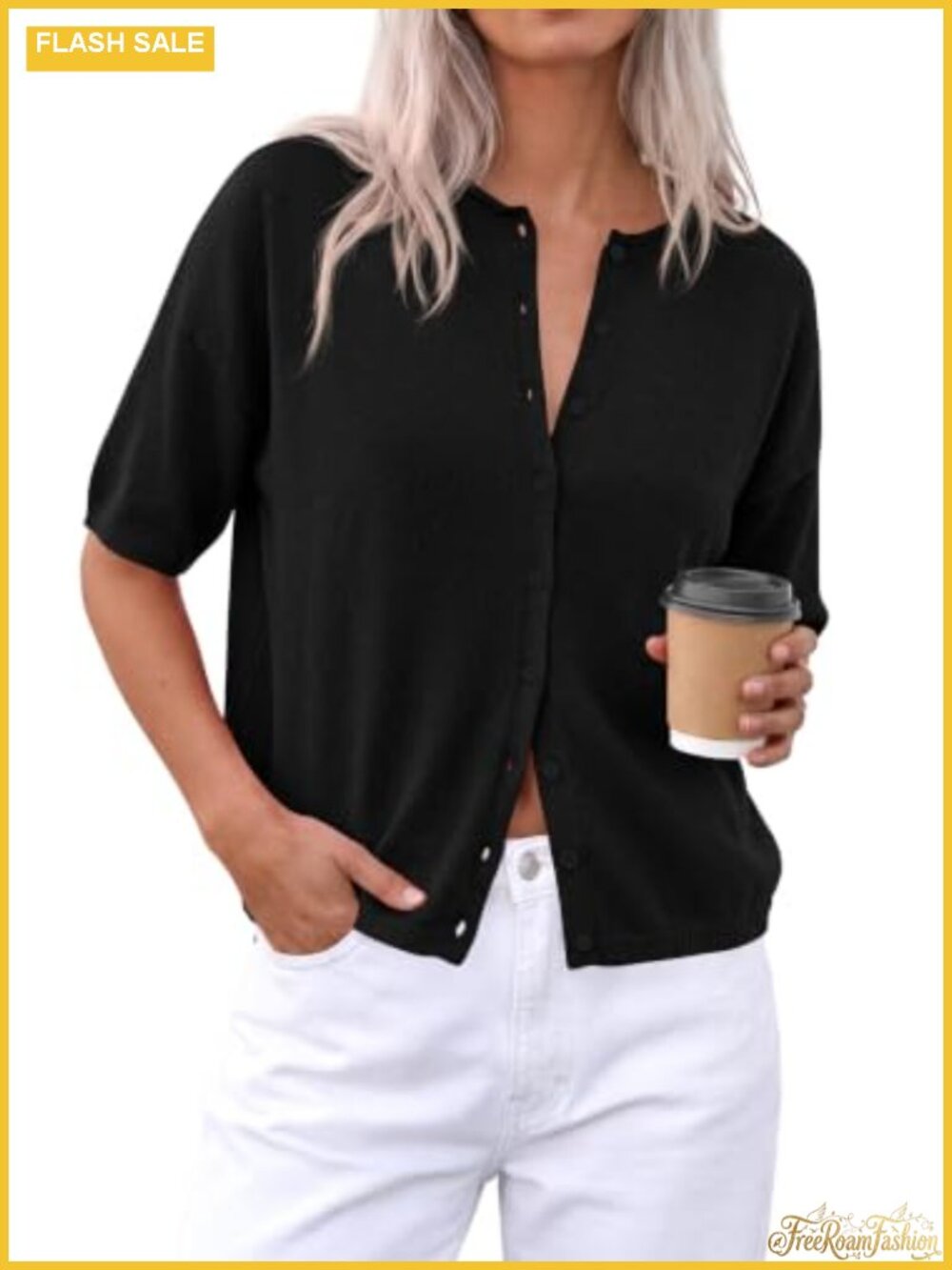 Short Sleeve Button Down Cardigan Sweater - Lightweight Knit Crewneck